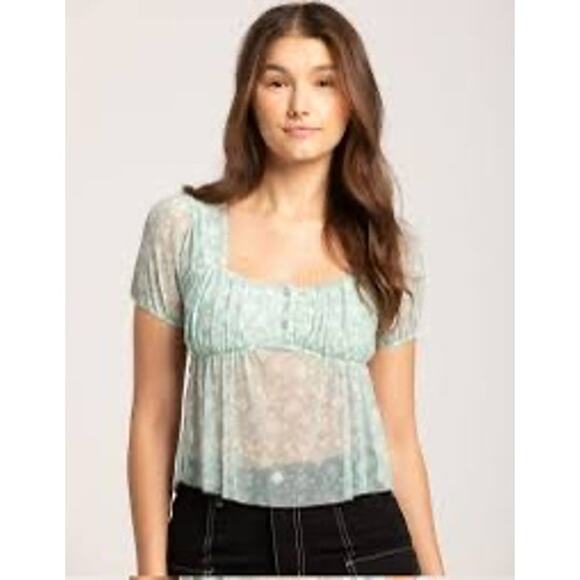 RSQ Tops - RSQ Y2k Floral Babydoll Top Square Neck Green White Sheer Cottagecore Blouse